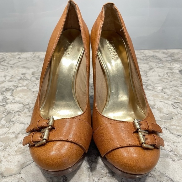 Michael Michael Kors chunky heels shoes buckle leather camel cognac size 9 - Picture 1 of 9